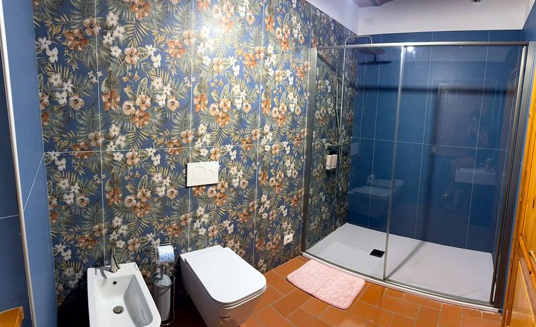 Bagno Camera Rosa: Doccia walk-in a pioggia e parete tropicale